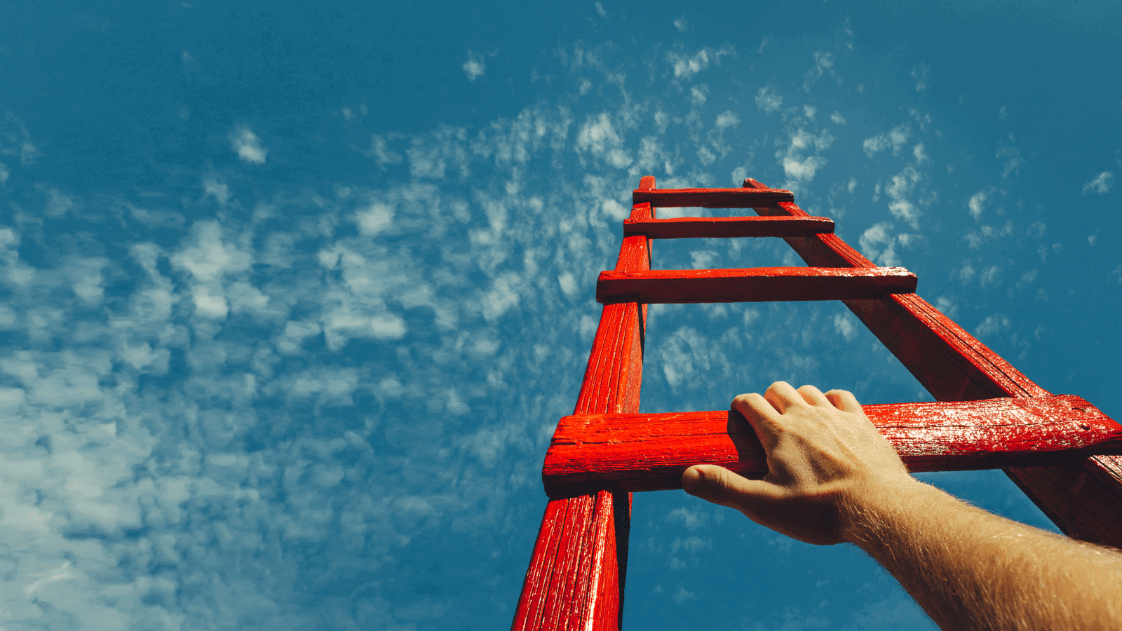 cyber security service - proactive security business solution hero image of a hand on a red ladder, against a back drop of blue sky