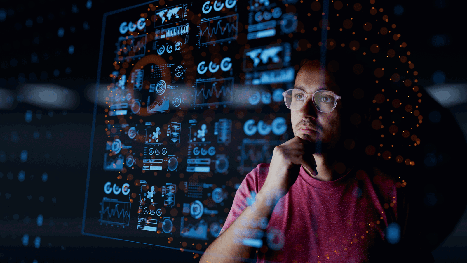 Microsoft Copilot - AI design of man looking at tech figures