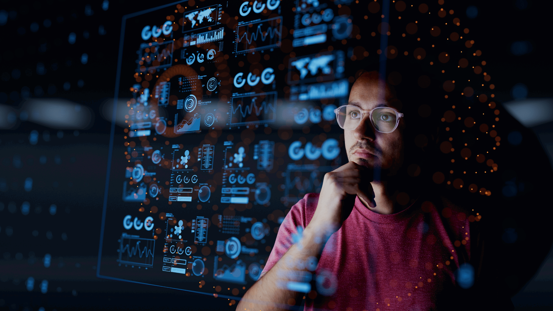 Microsoft Copilot - AI design of man looking at tech figures
